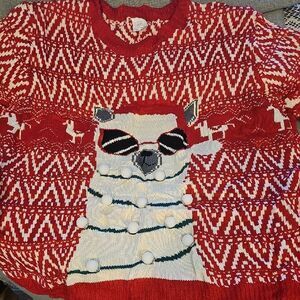 Mens Red and White Festive Light Up Sweater with Llama Design Size Large